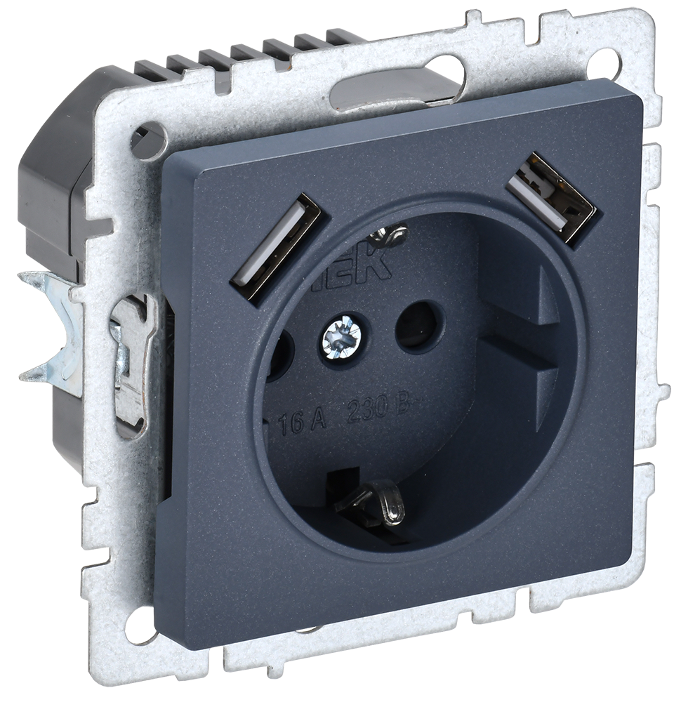 фото Механизм розетки Brite РЮш10-2-БрМ 16А с USB A+A 3.1А с заземл. шторки маренго BR-R14-16-U21-D31-K35 от магазина Моя Электрика