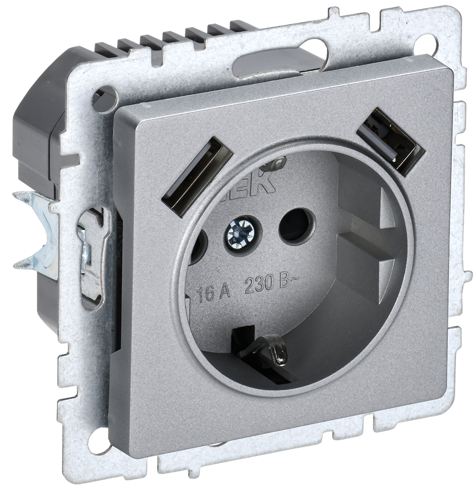 фото Механизм розетки Brite РЮш10-2-БрА 16А с USB A+A 3.1А с заземл. шторки алюминий BR-R14-16-U21-D31-K4 от магазина Моя Электрика