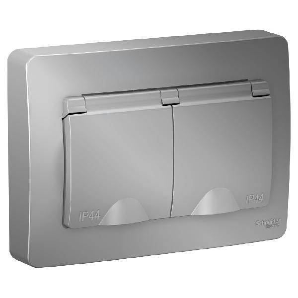 фото Розетка 2-ая СП Blanca 16A 250В с заземл. со шторками с крышкой IP44 алюминий BLNRS441123 SE от магазина Моя Электрика
